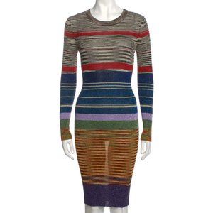Missoni Resort 2018 Long Sleeve Stripe Midi Multicolor Metallic Ribbed Dress XS